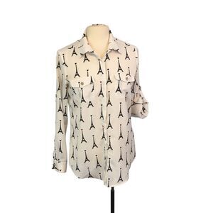 Karl Lagerfeld Blouse White Shirt Black Eiffel Tower Print Button Up, Size Small